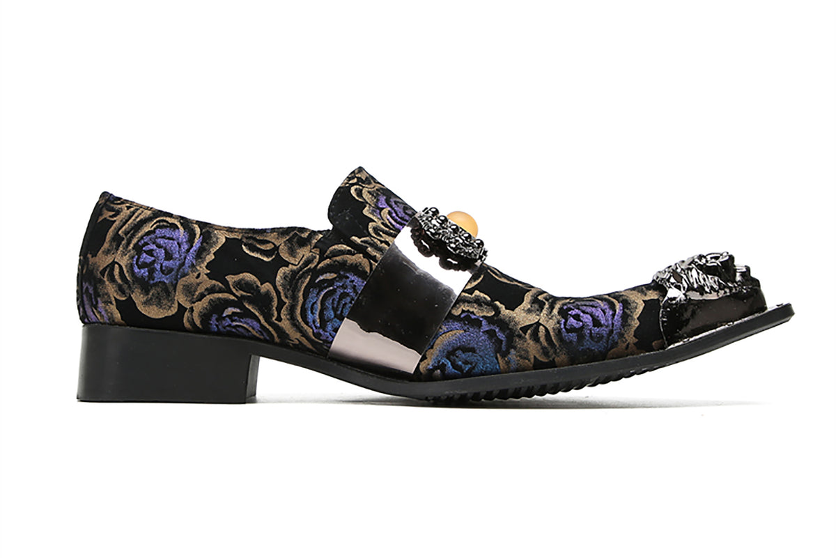Mens Casual Metal-Tip Toe Yellow Gems Slip On Western Loafers