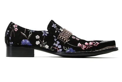 Mens Silp On Casual Dress Metal Square Toe Flowers Chain Western Loafers