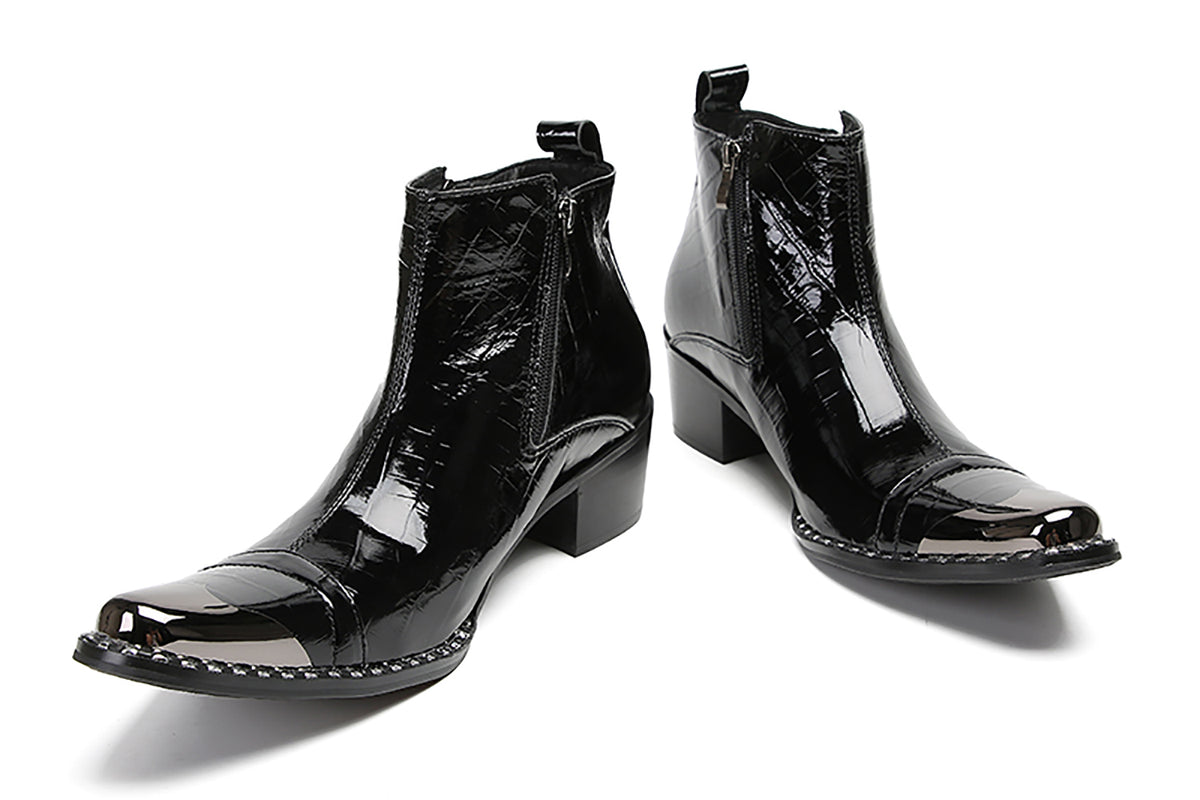 Mens Genunie Leather Metal-Wingtip Two-Sided Zipper Plaid Ankle Western Boots