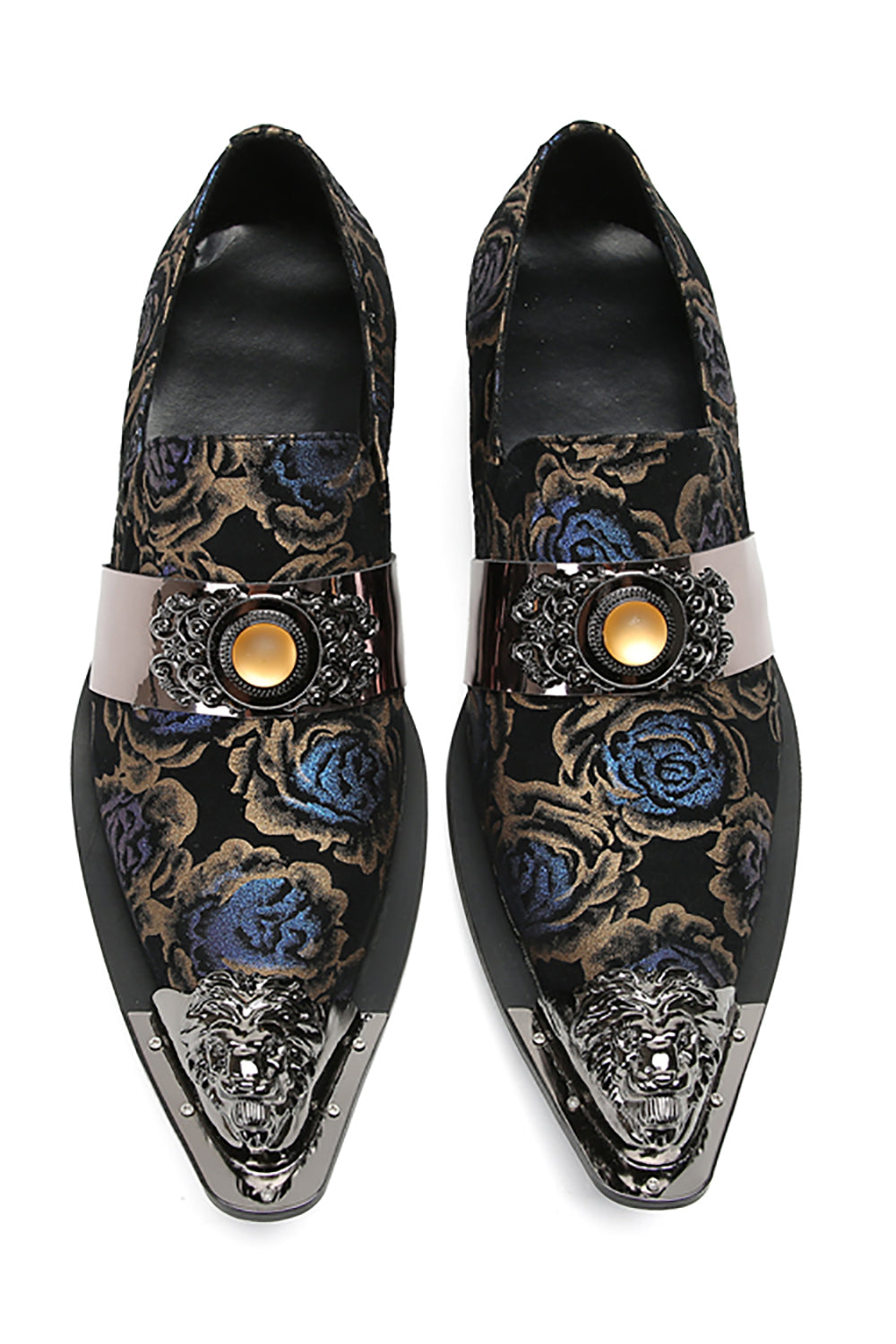 Mens Casual Metal-Tip Toe Yellow Gems Slip On Western Loafers