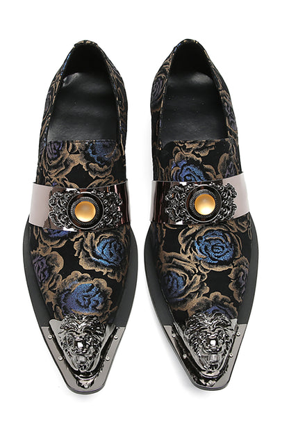Mens Casual Metal-Tip Toe Yellow Gems Slip On Western Loafers
