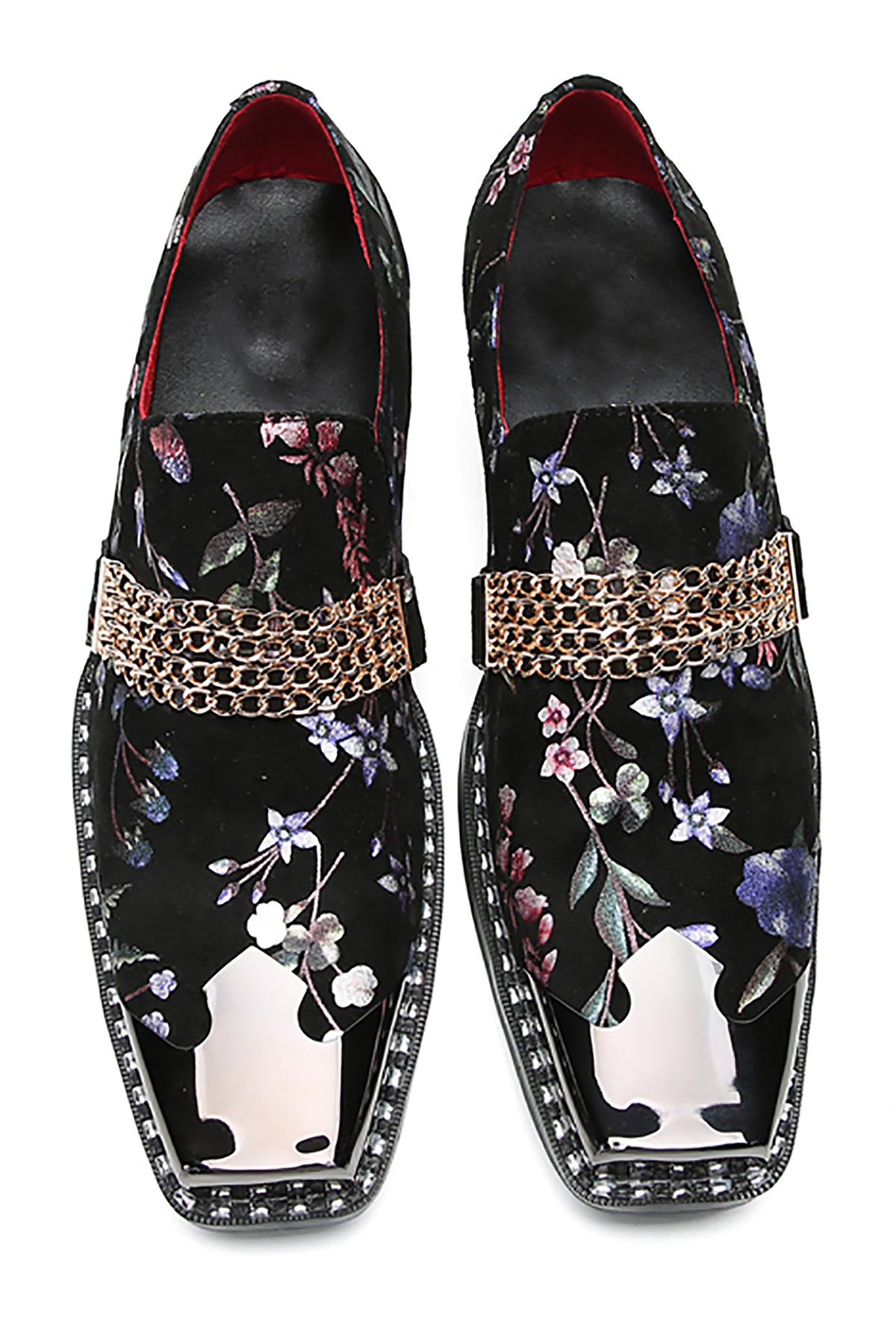 Mens Silp On Casual Dress Metal Square Toe Flowers Chain Western Loafers