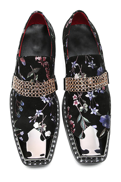 Mens Silp On Casual Dress Metal Square Toe Flowers Chain Western Loafers