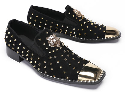 Mens Gold Glitter Rhinestone Suede Western Loafers