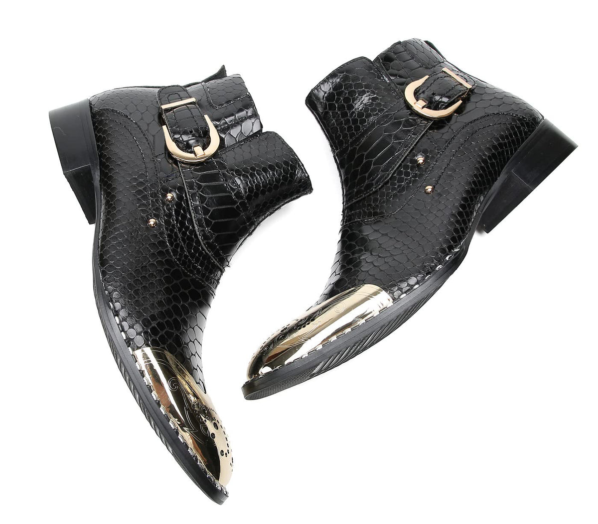 Mens Genuine Leather Metal-Square Toe Snakeskin Texture Ankle Western Boots
