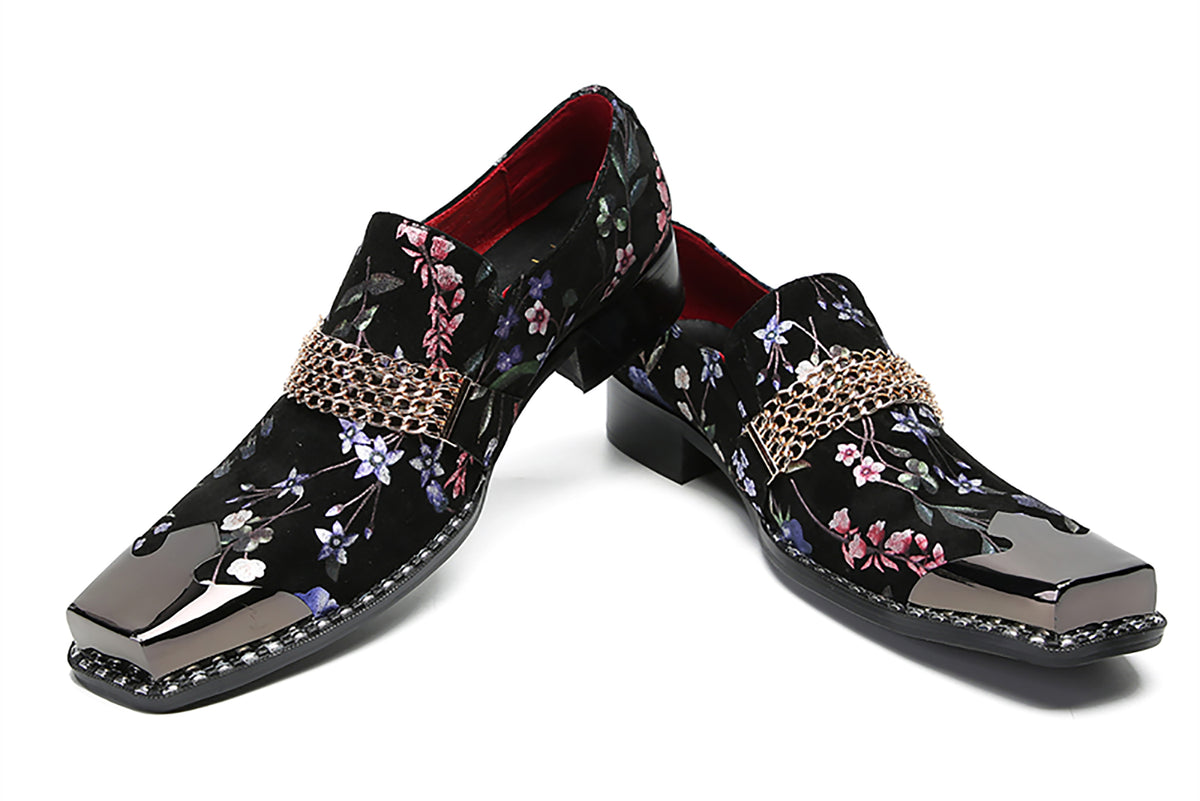 Mens Silp On Casual Dress Metal Square Toe Flowers Chain Western Loafers