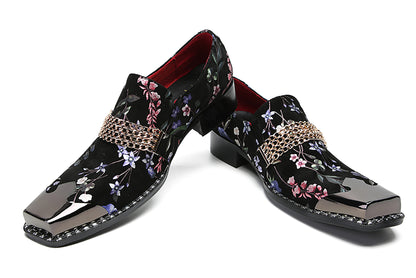 Mens Silp On Casual Dress Metal Square Toe Flowers Chain Western Loafers