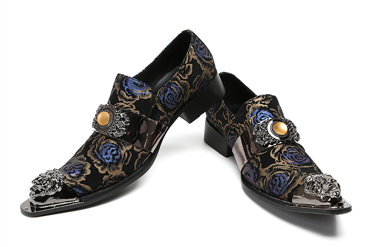 Mens Casual Metal-Tip Toe Yellow Gems Slip On Western Loafers