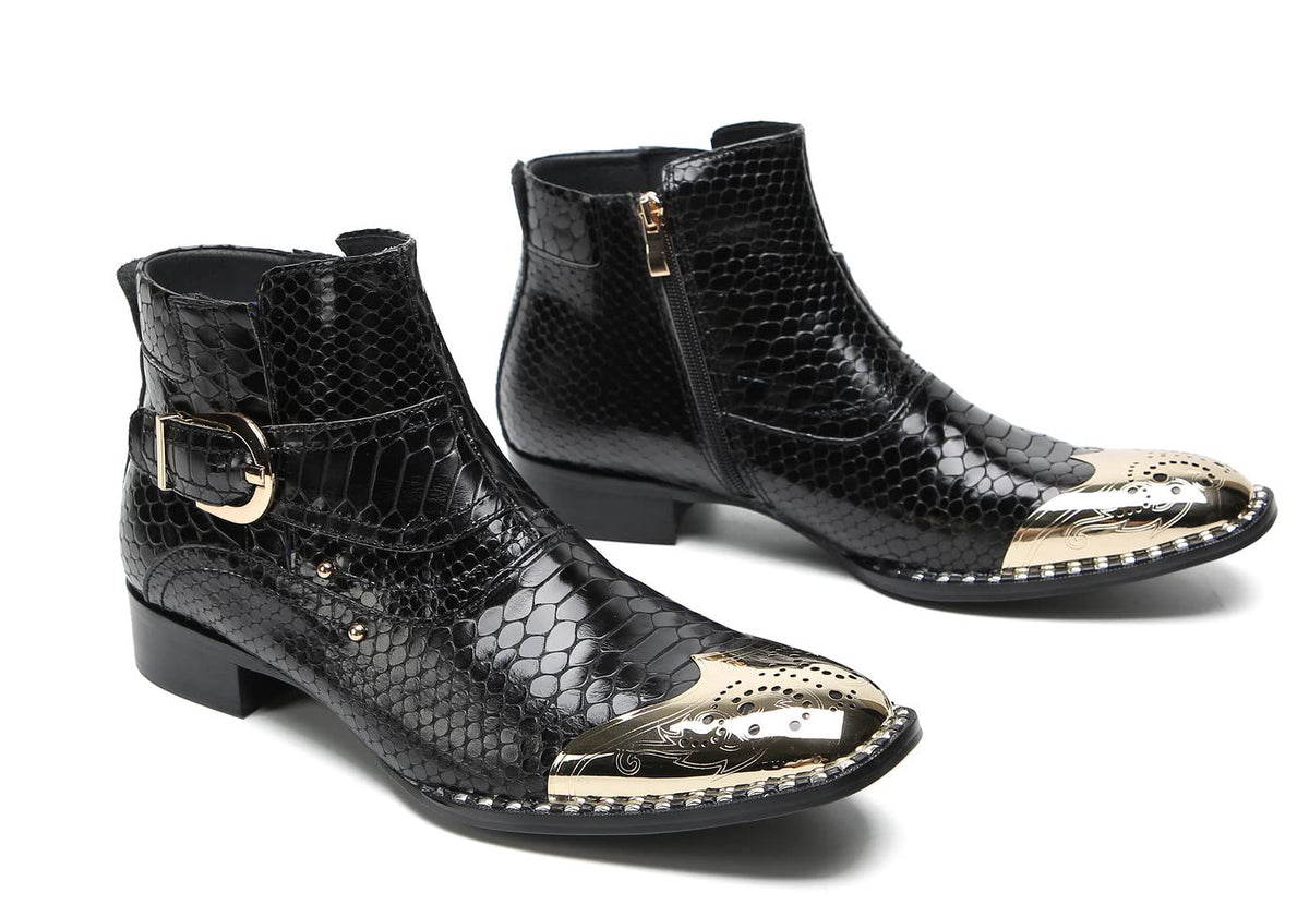 Mens Genuine Leather Metal-Square Toe Snakeskin Texture Ankle Western Boots