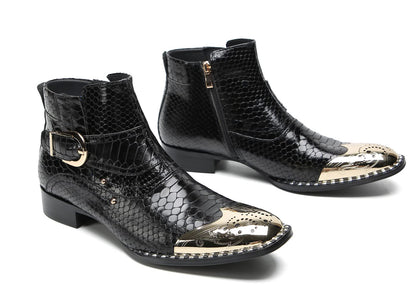 Mens Genuine Leather Metal-Square Toe Snakeskin Texture Ankle Western Boots