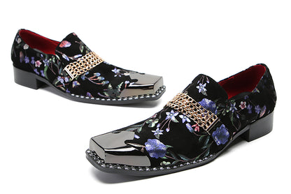 Mens Silp On Casual Dress Metal Square Toe Flowers Chain Western Loafers