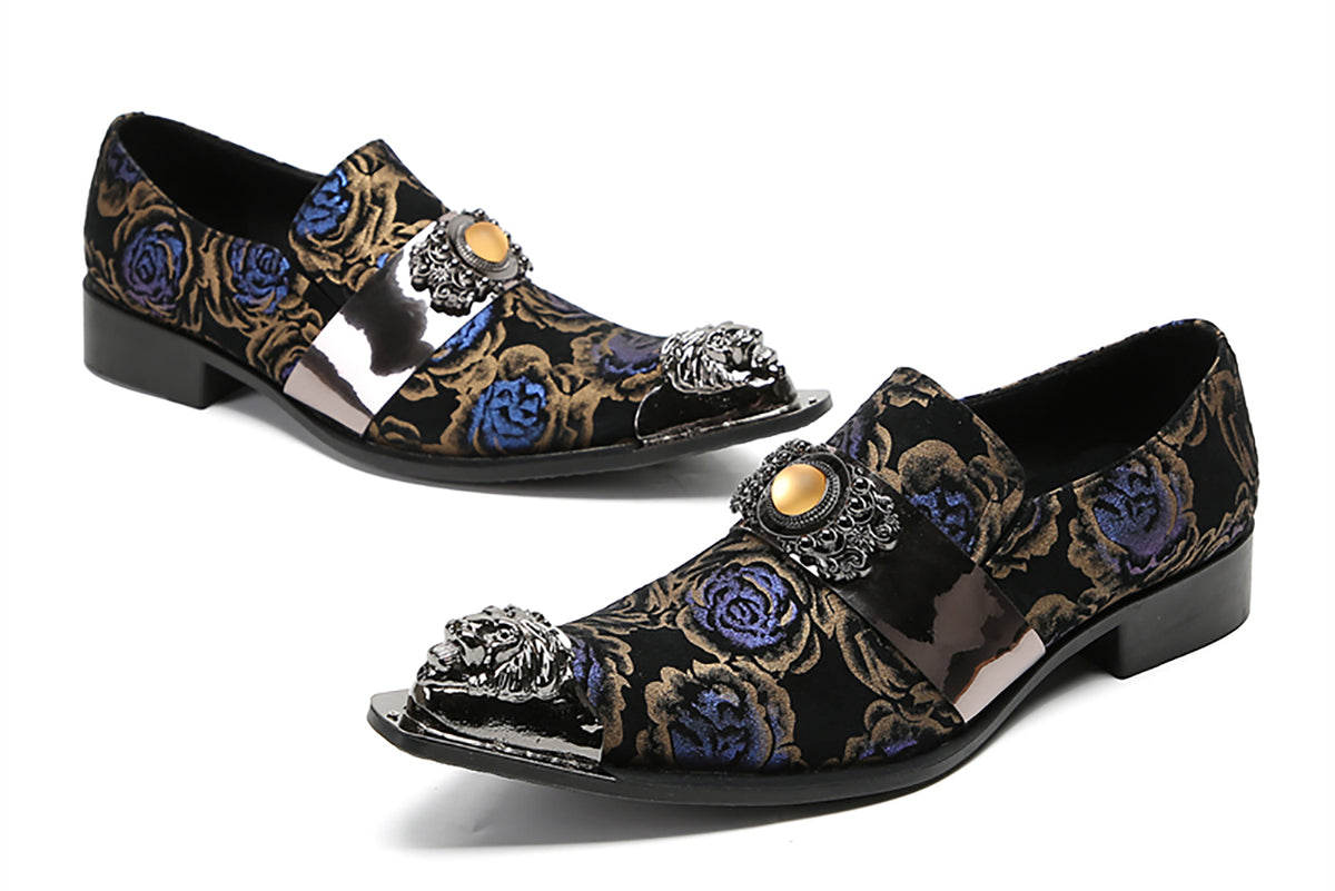 Mens Casual Metal-Tip Toe Yellow Gems Slip On Western Loafers