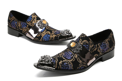 Mens Casual Metal-Tip Toe Yellow Gems Slip On Western Loafers