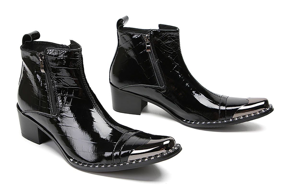 Mens Genunie Leather Metal-Wingtip Two-Sided Zipper Plaid Ankle Western Boots