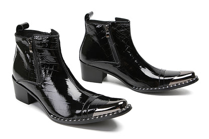 Mens Genunie Leather Metal-Wingtip Two-Sided Zipper Plaid Ankle Western Boots
