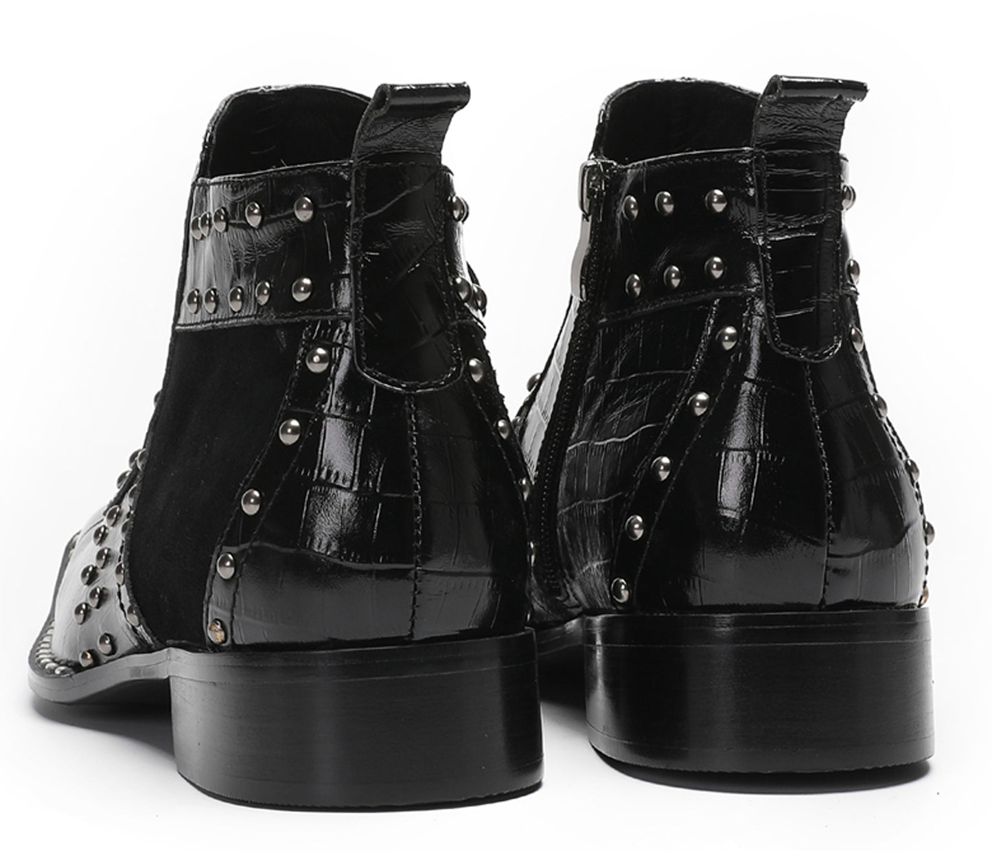 Mens Genuine Leather Metal Square Toe Side Zipper Beads Plaid Ankle Western Boots
