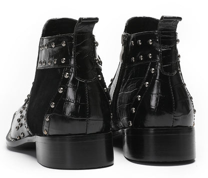 Mens Genuine Leather Metal Square Toe Side Zipper Beads Plaid Ankle Western Boots