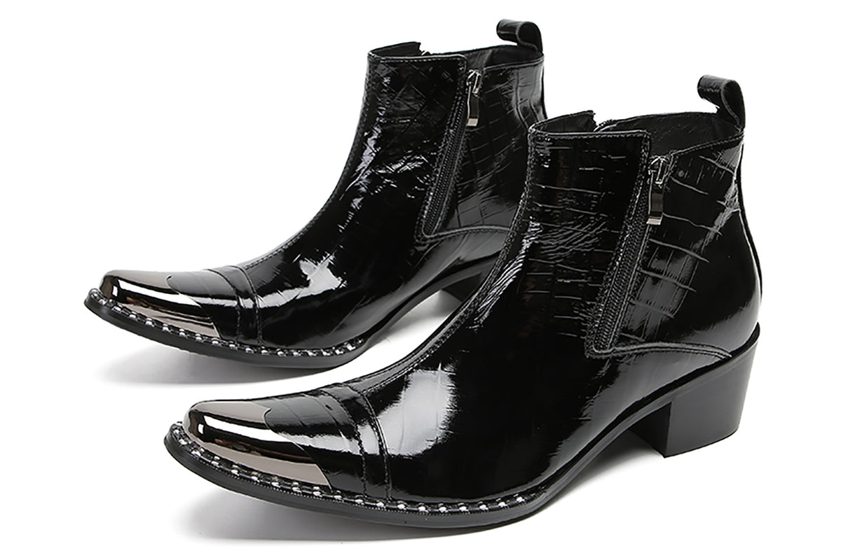 Mens Genunie Leather Metal-Wingtip Two-Sided Zipper Plaid Ankle Western Boots