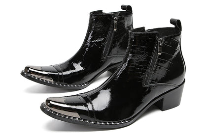 Mens Genunie Leather Metal-Wingtip Two-Sided Zipper Plaid Ankle Western Boots