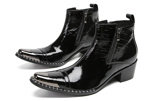 Mens Genunie Leather Metal-Wingtip Two-Sided Zipper Plaid Ankle Western Boots