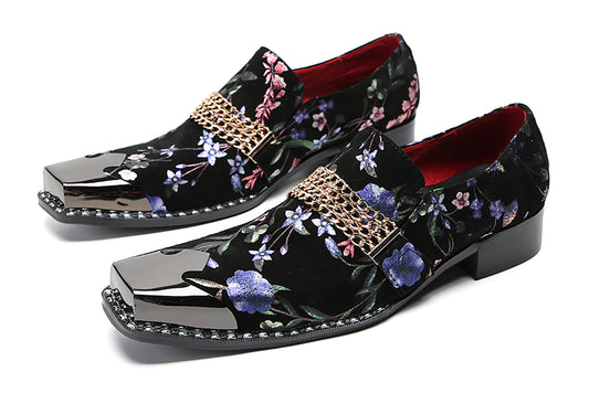 Mens Silp On Casual Dress Metal Square Toe Flowers Chain Western Loafers