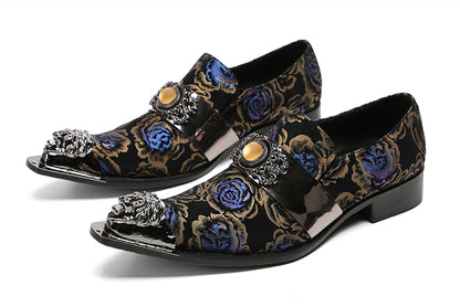 Mens Casual Metal-Tip Toe Yellow Gems Slip On Western Loafers