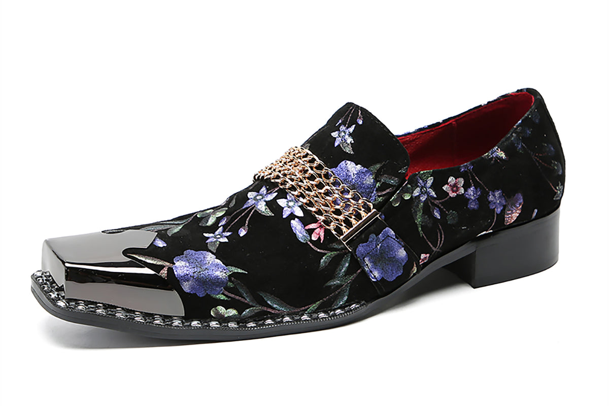 Mens Silp On Casual Dress Metal Square Toe Flowers Chain Western Loafers
