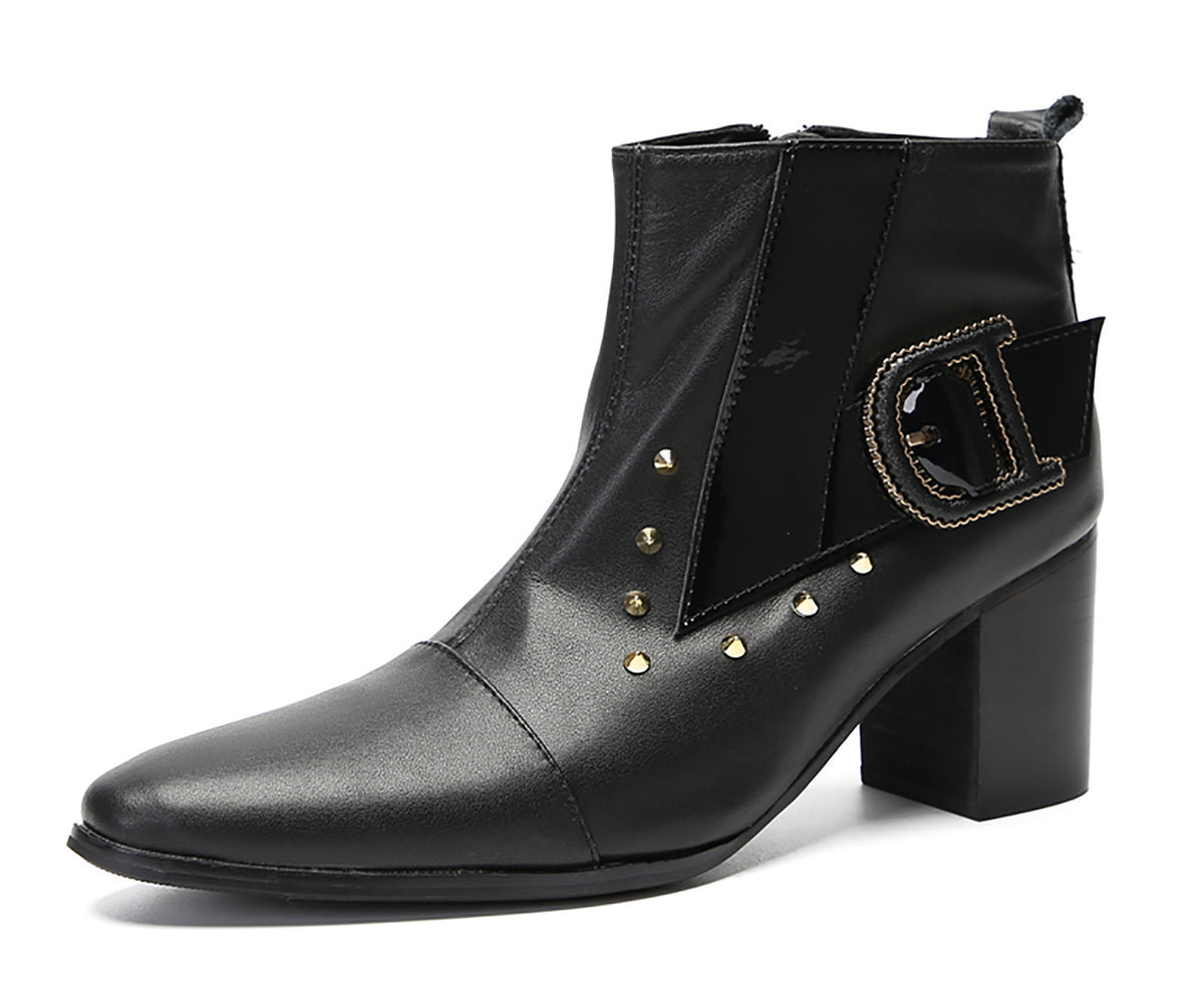 Mens Genunie Leather Zipper D-Buckle On Side Heel Ankle Boots