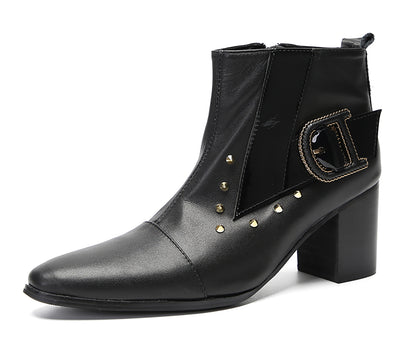 Mens Genunie Leather Zipper D-Buckle On Side Heel Ankle Boots