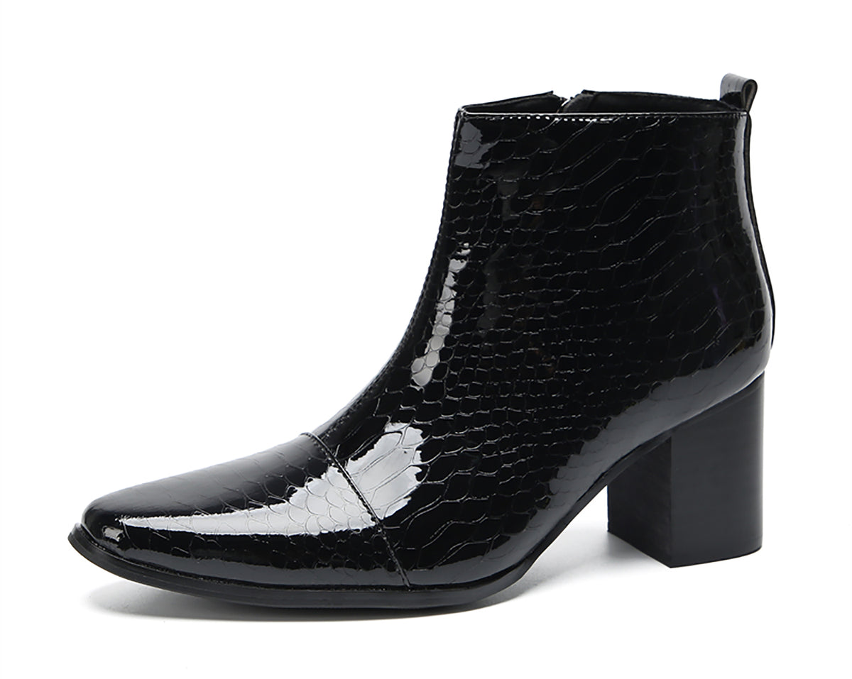 Mens Black Glossy Patent Leather Snake Print Block Heel Ankle Boots