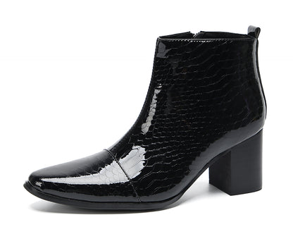 Mens Black Glossy Patent Leather Snake Print Block Heel Ankle Boots