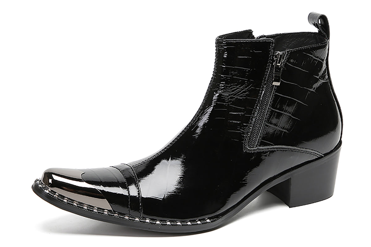 Mens Genunie Leather Metal-Wingtip Two-Sided Zipper Plaid Ankle Western Boots