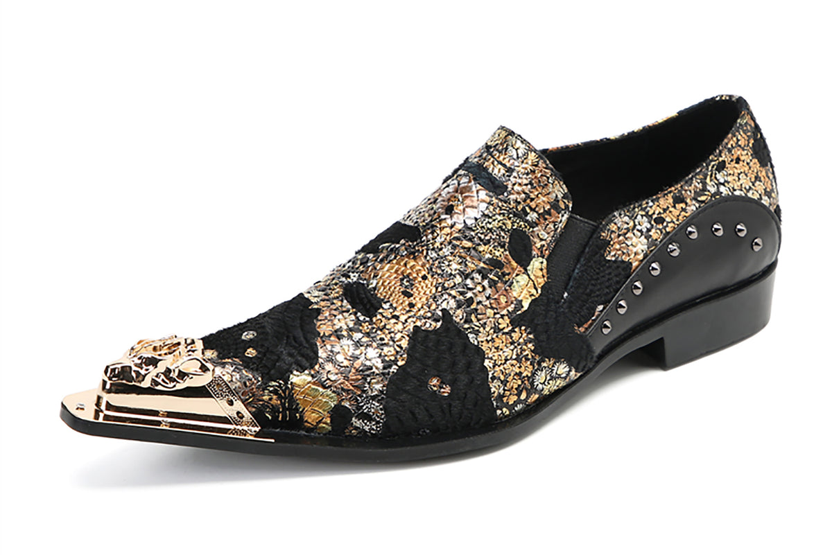 Mens Silp On Leather Metal Tip Toe Gold Glitter Western Loafers