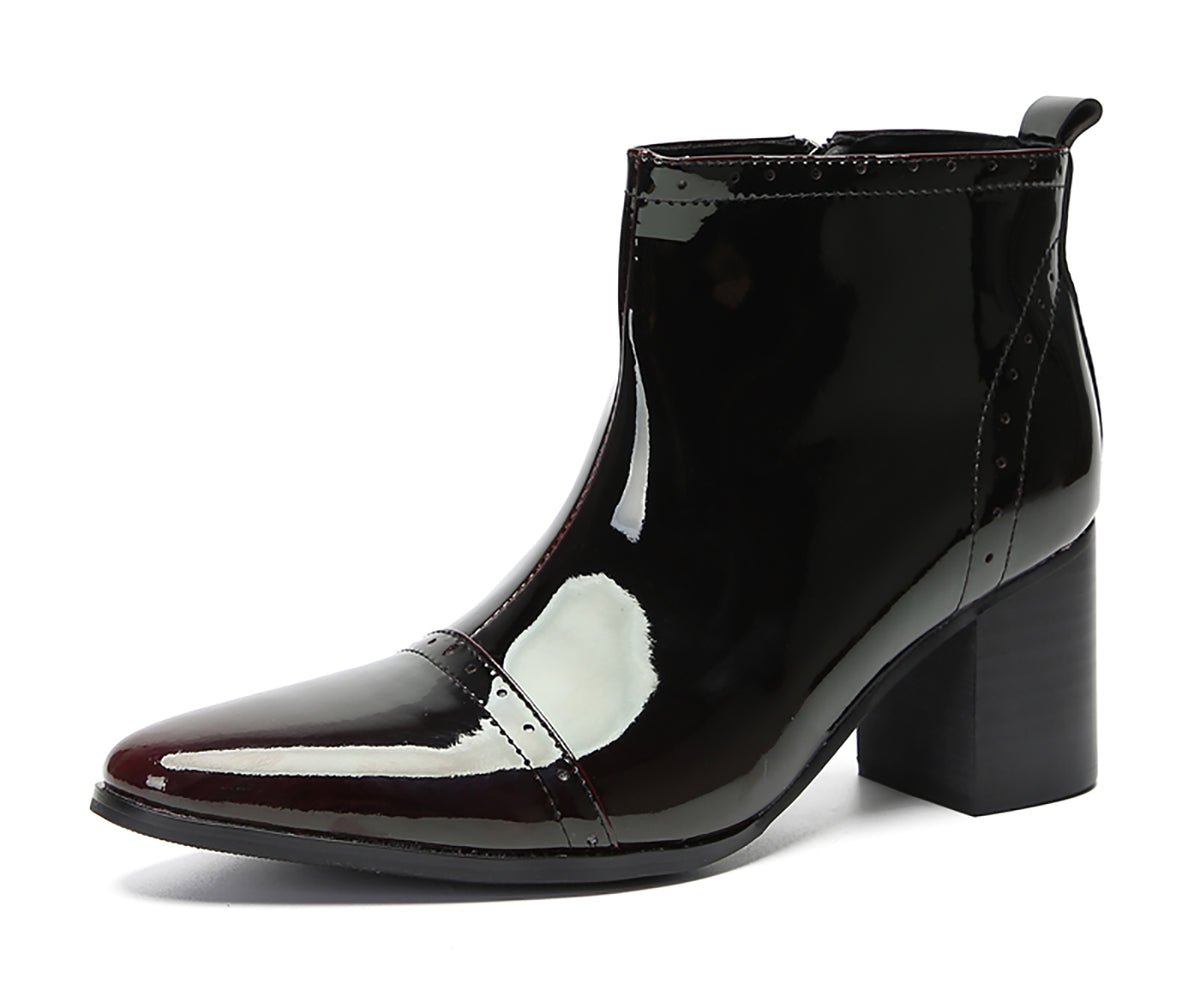 Mens Patent Leather Zipper On Side Mid Calf Heel Ankle Boots