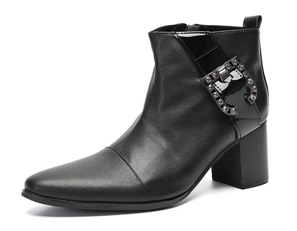 Mens Genunie Leather Beaded Buckle Heel Ankle Boots