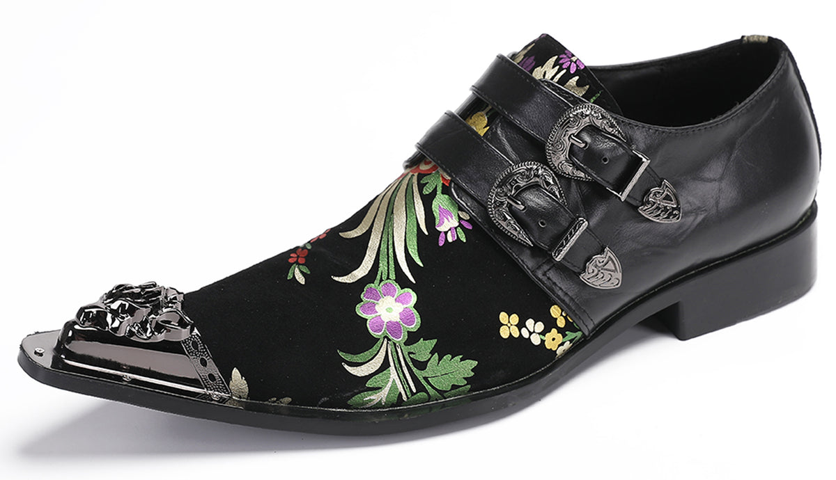 Mens Party Casual Double Buckle Floral Western Loafers