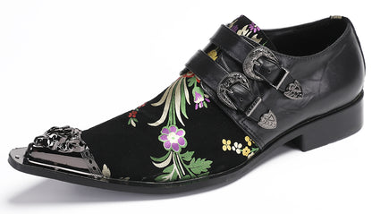 Mens Party Casual Double Buckle Floral Western Loafers
