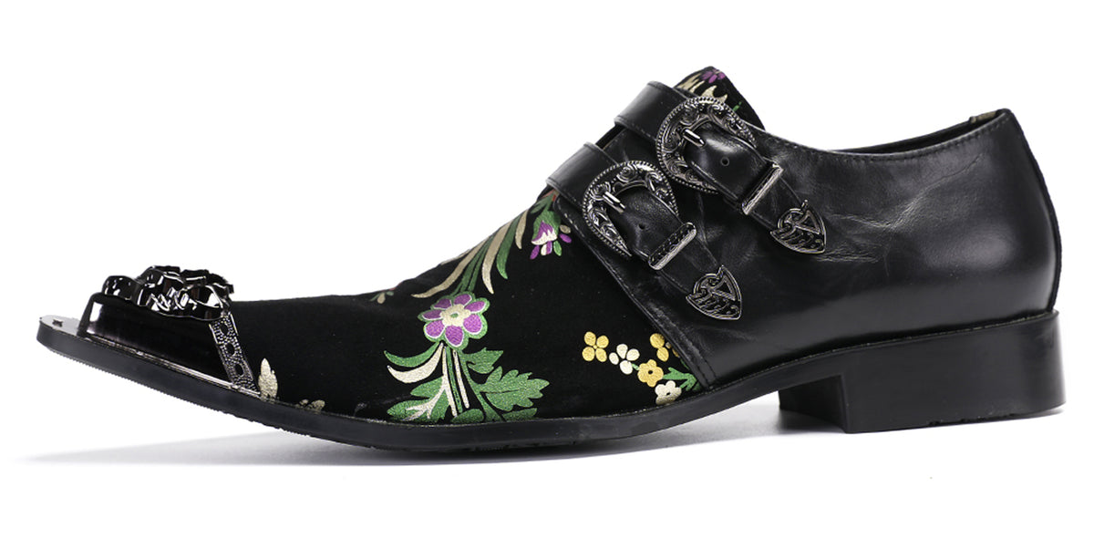 Mens Party Casual Double Buckle Floral Western Loafers