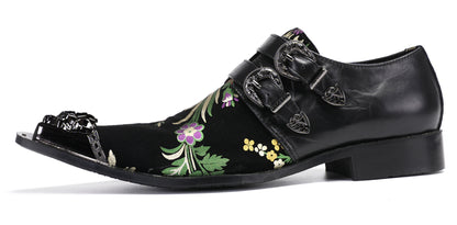 Mens Party Casual Double Buckle Floral Western Loafers
