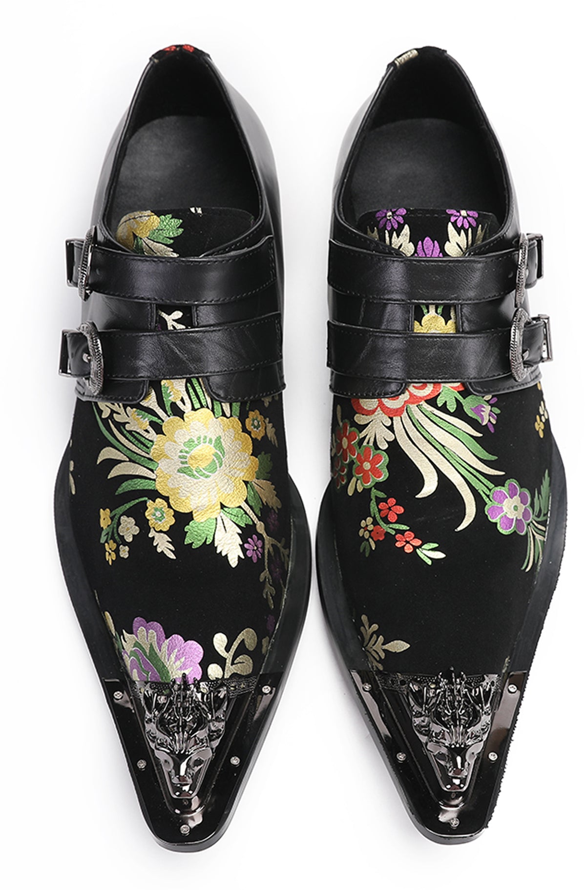 Mens Party Casual Double Buckle Floral Western Loafers