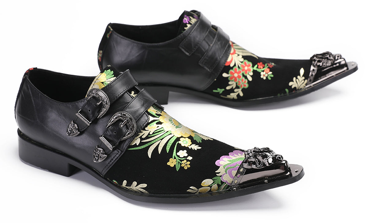 Mens Party Casual Double Buckle Floral Western Loafers