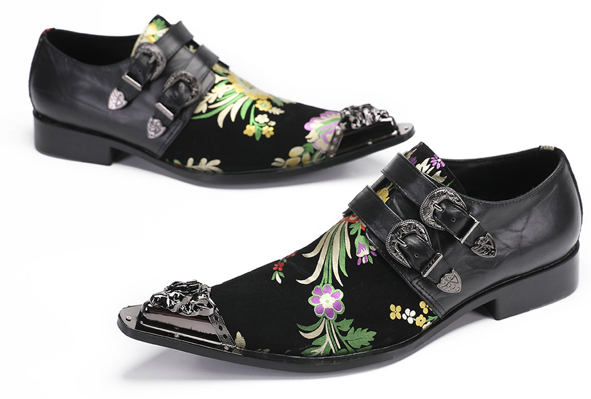 Mens Party Casual Double Buckle Floral Western Loafers