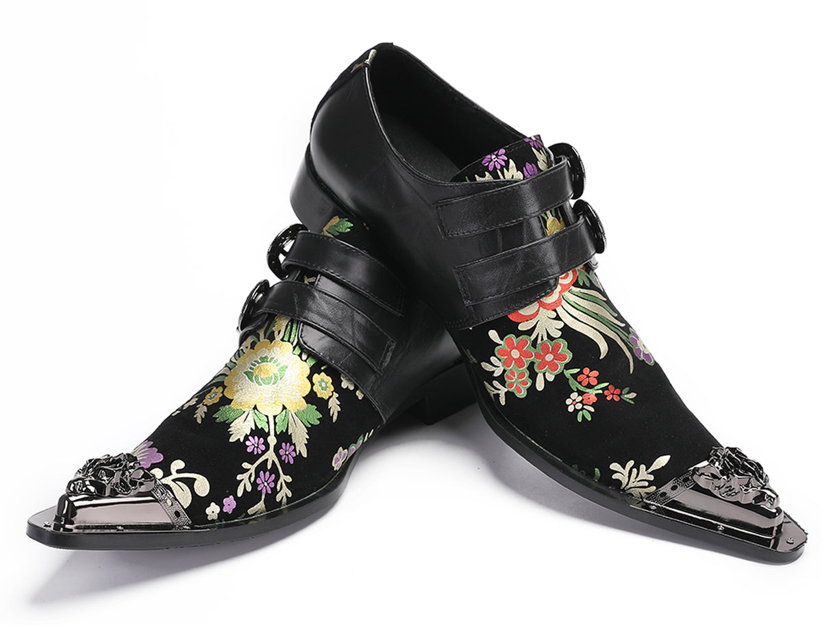 Mens Party Casual Double Buckle Floral Western Loafers