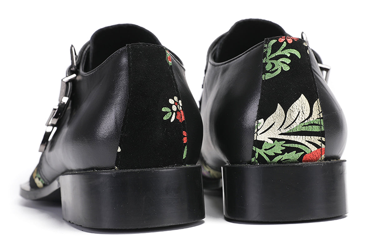 Mens Party Casual Double Buckle Floral Western Loafers