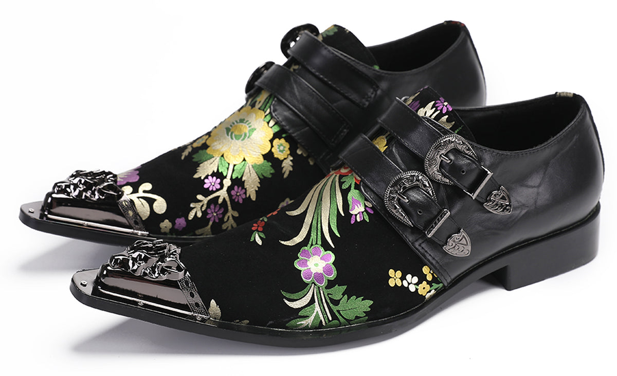Mens Party Casual Double Buckle Floral Western Loafers