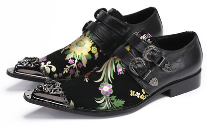 Mens Party Casual Double Buckle Floral Western Loafers