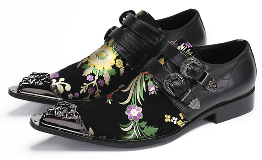Mens Party Casual Double Buckle Floral Western Loafers