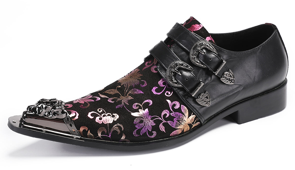 Mens Party Casual Double Buckle Floral Western Loafers