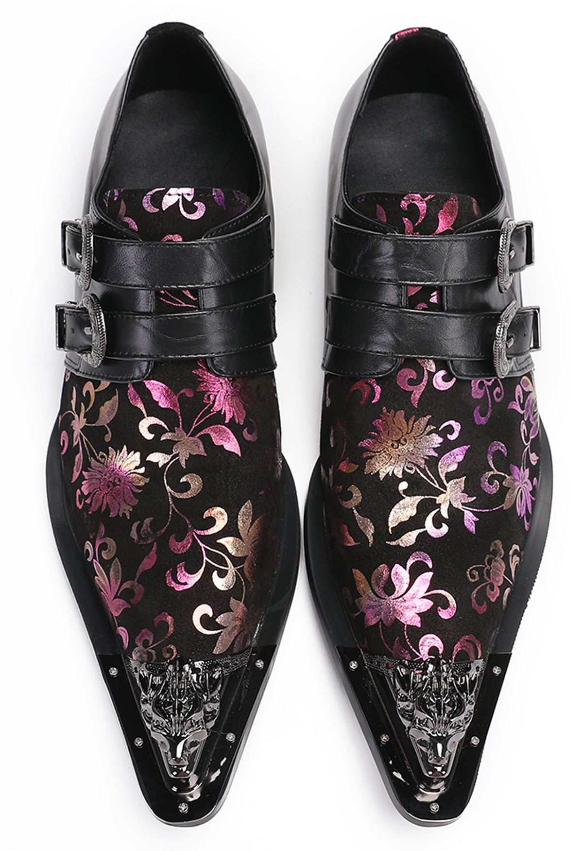 Mens Party Casual Double Buckle Floral Western Loafers