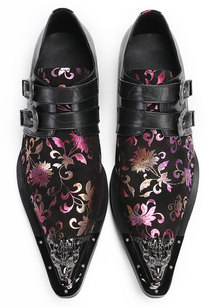 Mens Party Casual Double Buckle Floral Western Loafers